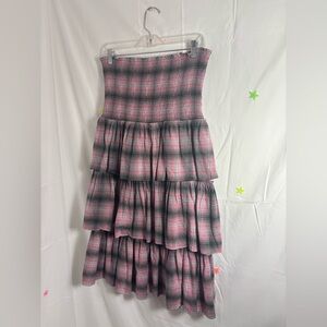Revolve LIKELY Grey Pink Plaid Smock Waist Tiered 90s Babydoll Grunge Skirt M/L